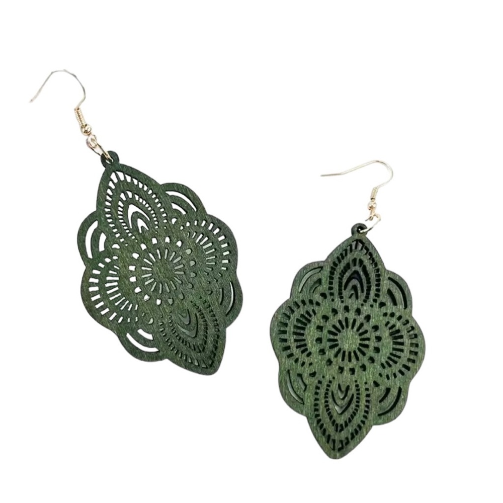Boho Forest Green Wooden Drop Style Earrings
